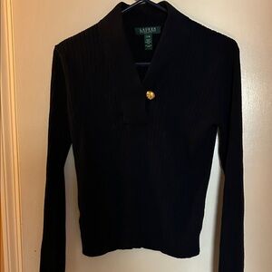 Ralph Lauren Navy Ribbed V‑Neck Sweater with Gold Button Accent